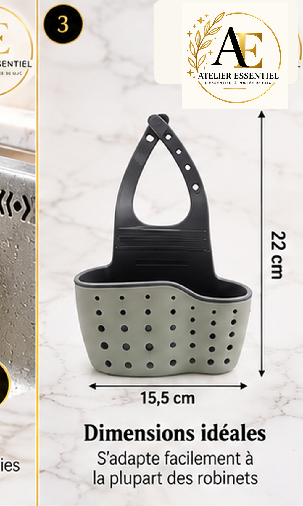Panier de rangement suspendu réglable pour évier de cuisine, avec bouton de fixation, pour éponge et accessoires de robinet, double couche
