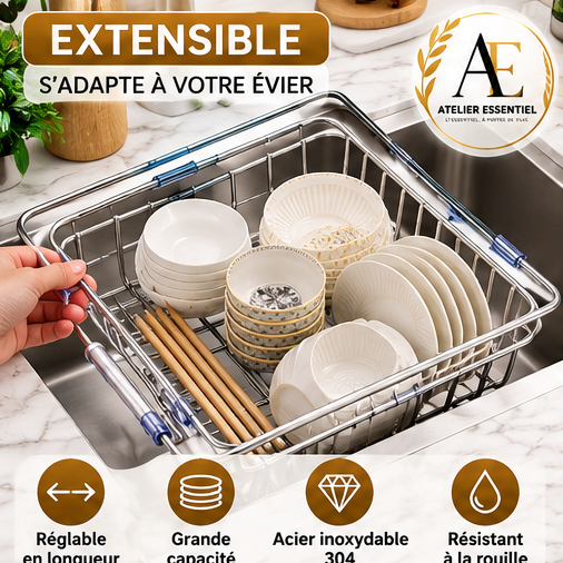 Égouttoir télescopique en acier inoxydable pour évier, support de rangement de cuisine pour ustensiles et vaisselle