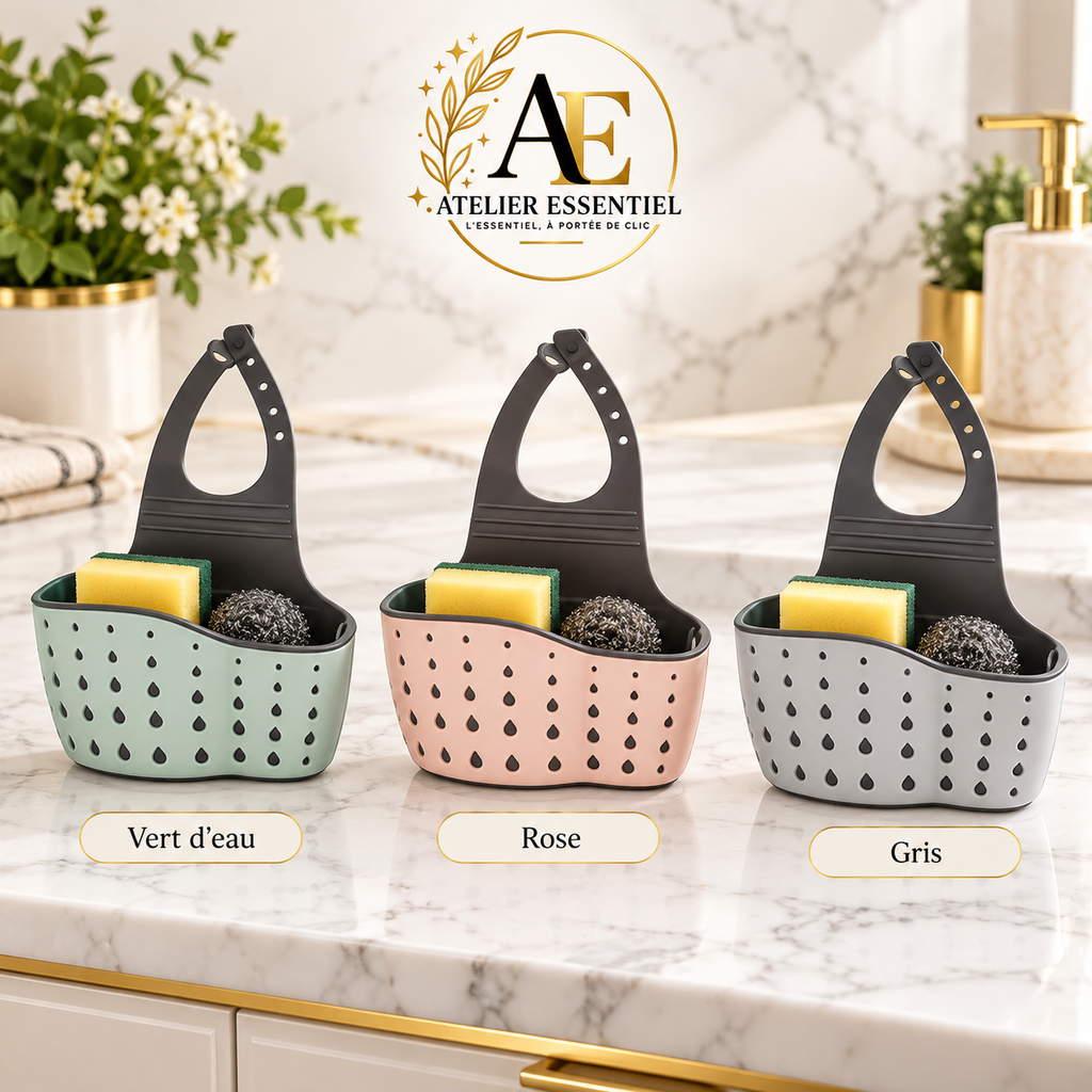Panier de rangement suspendu réglable pour évier de cuisine, avec bouton de fixation, pour éponge et accessoires de robinet, double couche