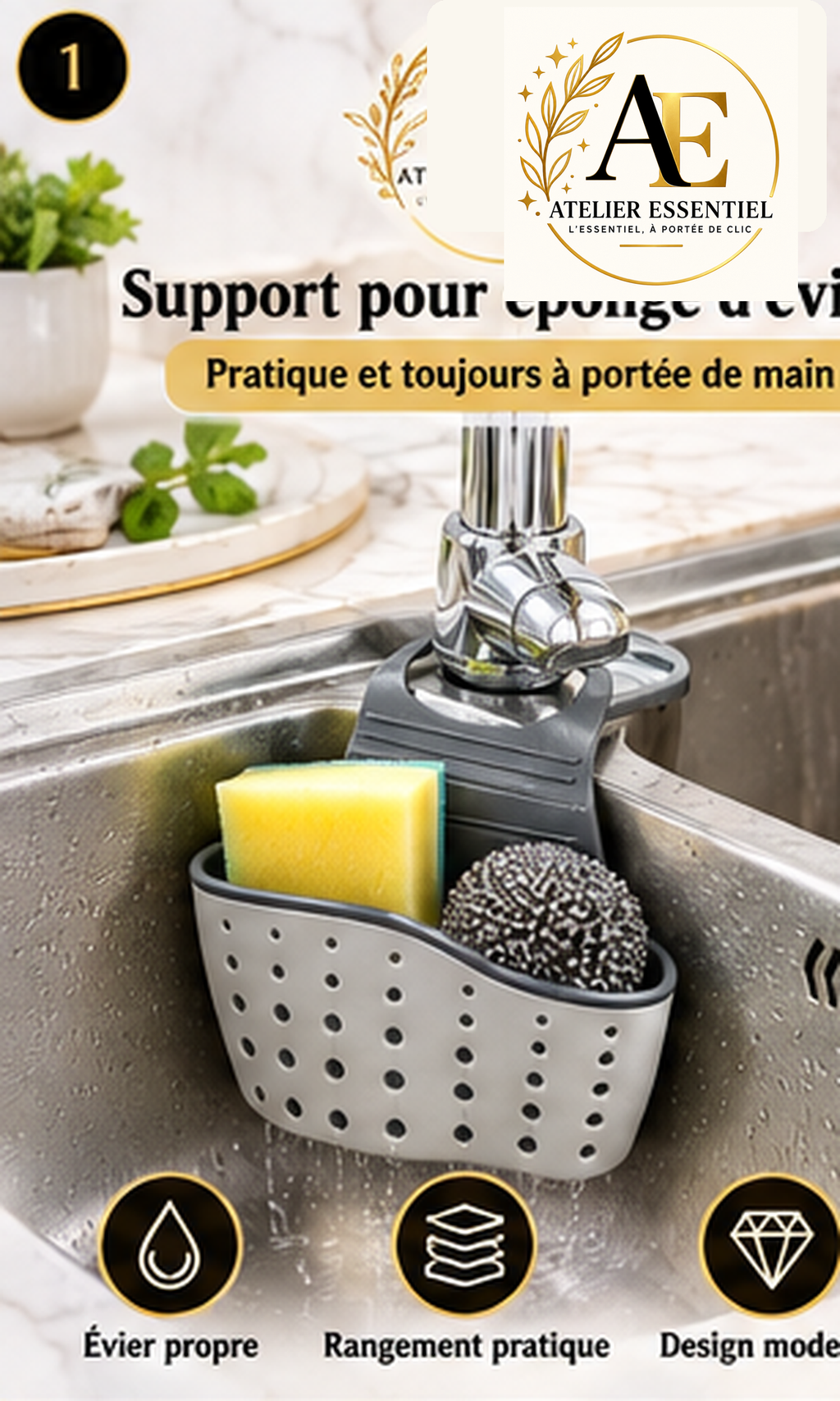 Panier de rangement suspendu réglable pour évier de cuisine, avec bouton de fixation, pour éponge et accessoires de robinet, double couche