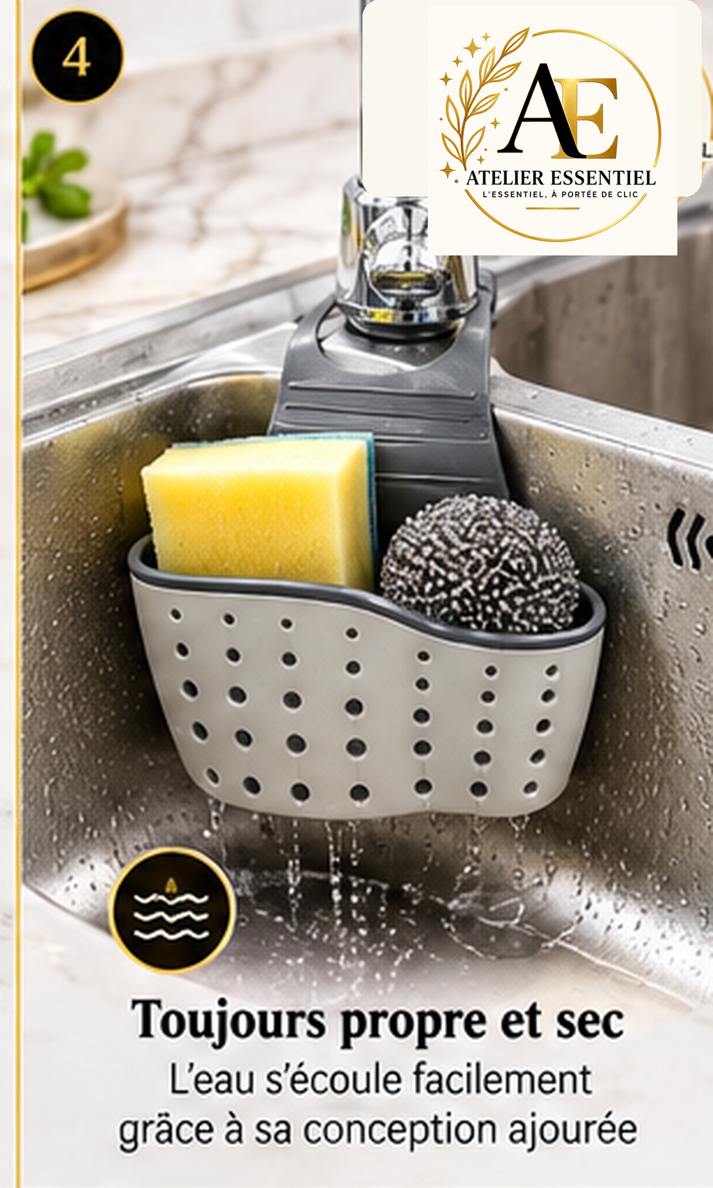 Panier de rangement suspendu réglable pour évier de cuisine, avec bouton de fixation, pour éponge et accessoires de robinet, double couche