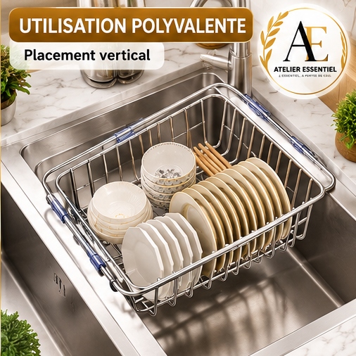 Égouttoir télescopique en acier inoxydable pour évier, support de rangement de cuisine pour ustensiles et vaisselle