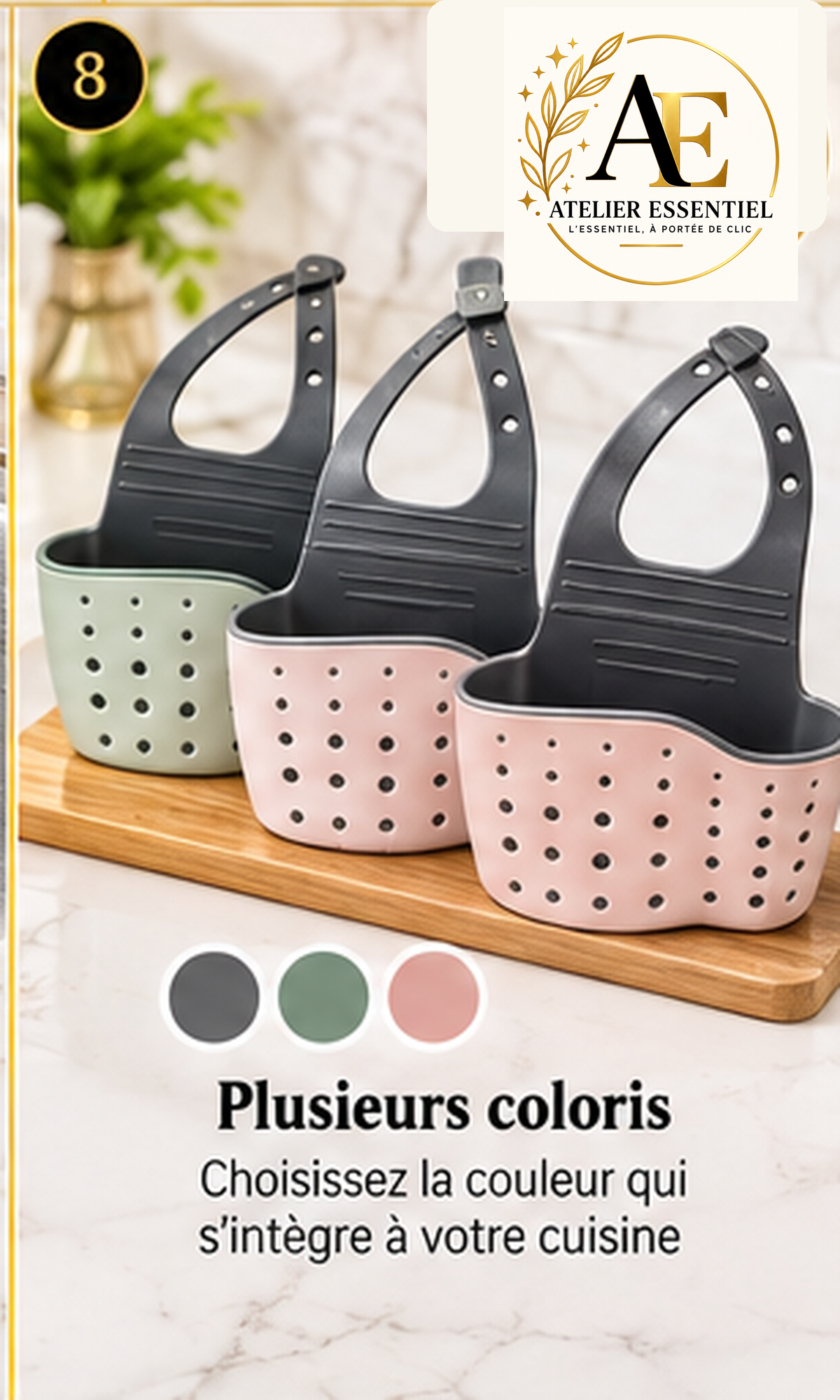 Panier de rangement suspendu réglable pour évier de cuisine, avec bouton de fixation, pour éponge et accessoires de robinet, double couche