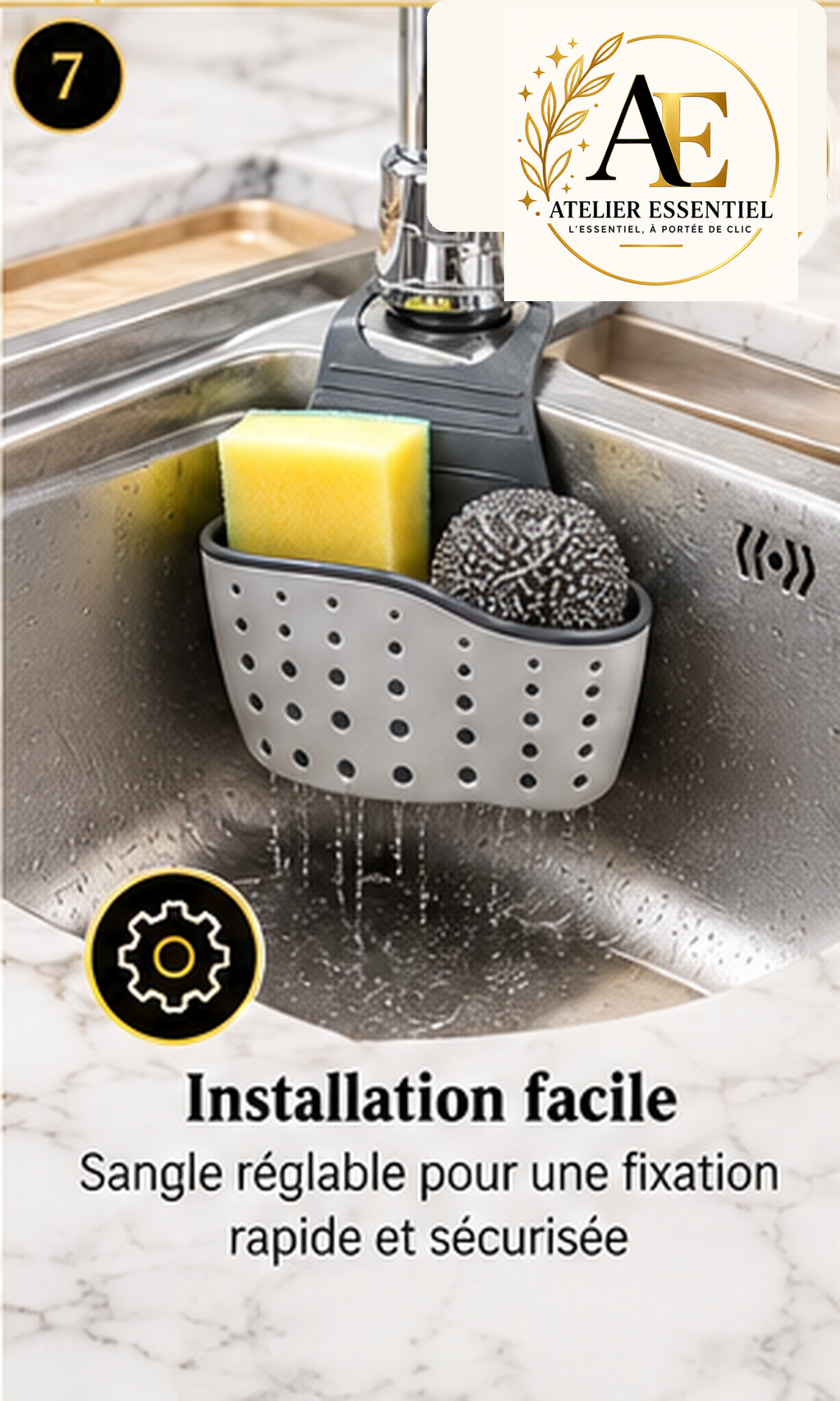 Panier de rangement suspendu réglable pour évier de cuisine, avec bouton de fixation, pour éponge et accessoires de robinet, double couche