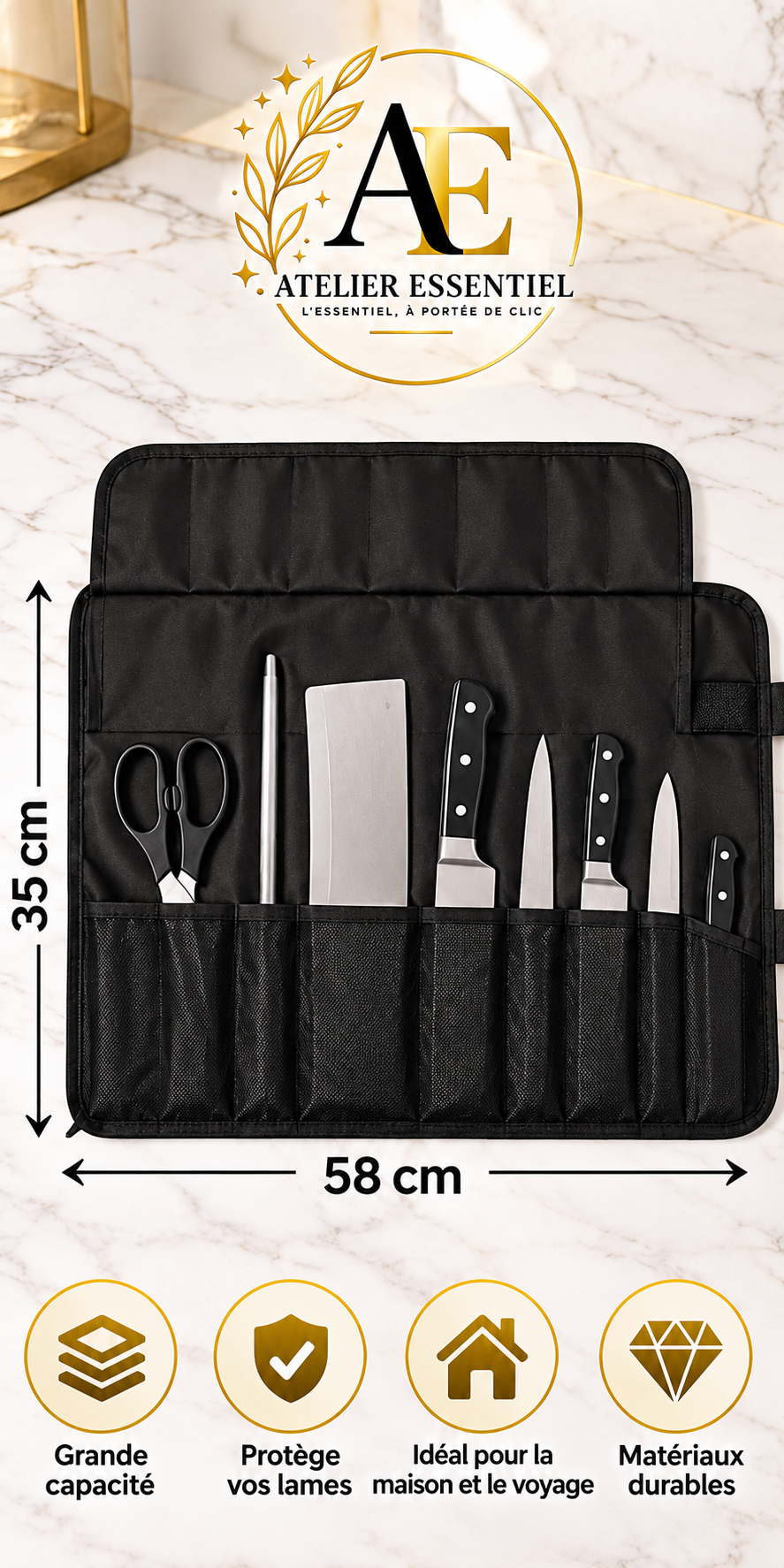 ABKP-étui de transport rangement de couverts sac à couteaux 22 fentes sac à couteaux en tissu Oxford de qualité supérieure sac à