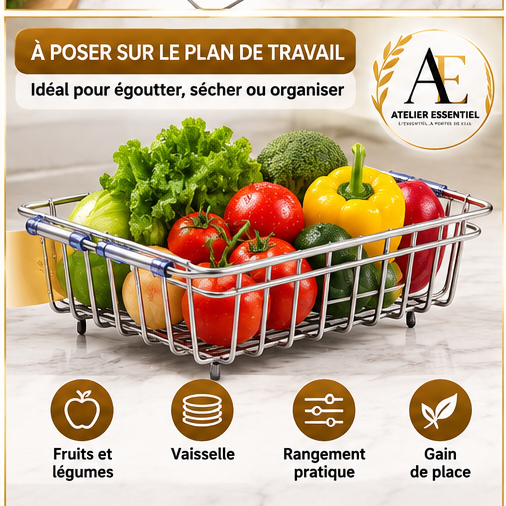 Égouttoir télescopique en acier inoxydable pour évier, support de rangement de cuisine pour ustensiles et vaisselle