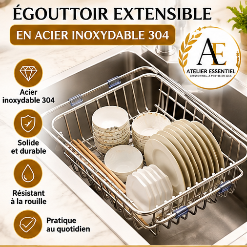 Égouttoir télescopique en acier inoxydable pour évier, support de rangement de cuisine pour ustensiles et vaisselle
