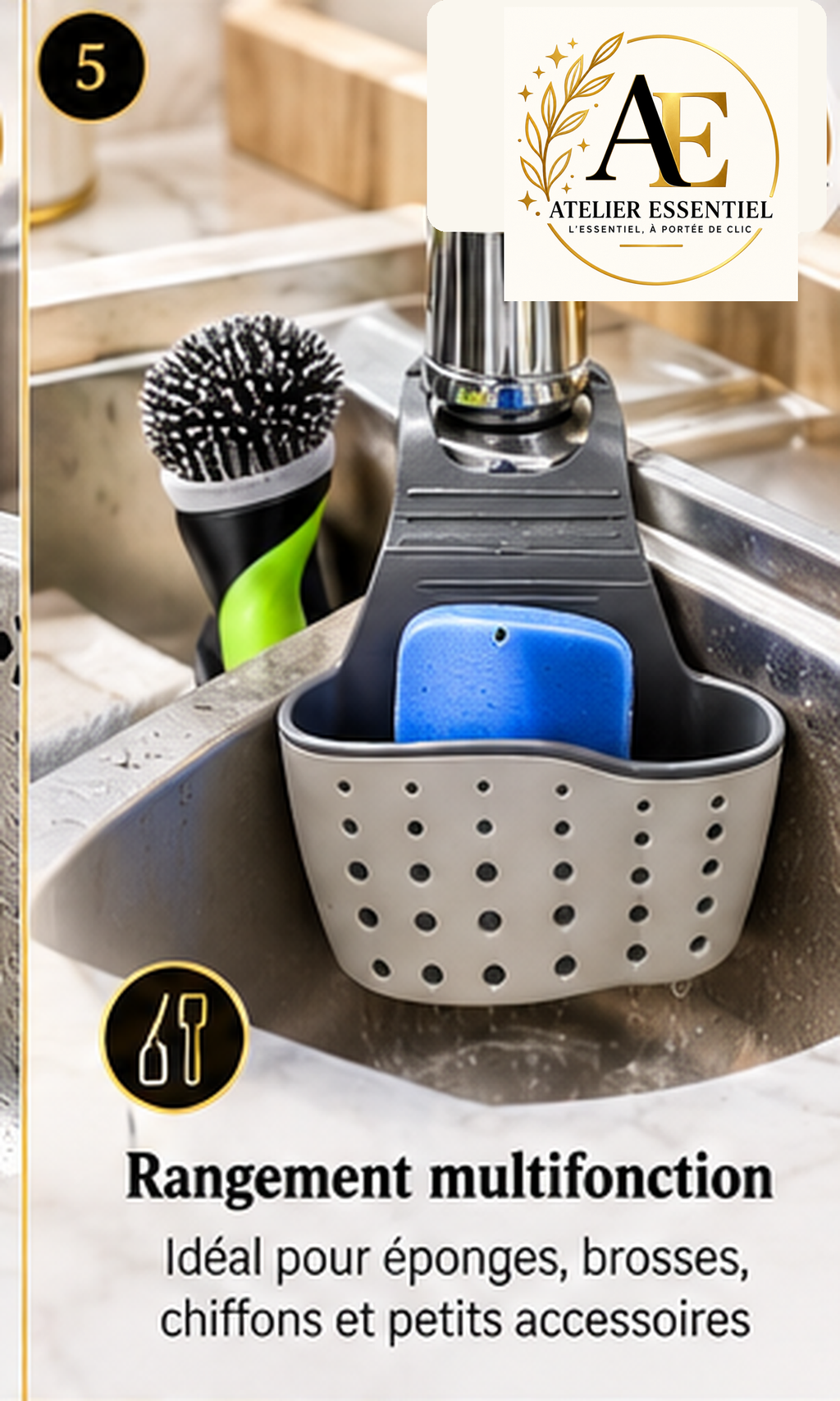 Panier de rangement suspendu réglable pour évier de cuisine, avec bouton de fixation, pour éponge et accessoires de robinet, double couche
