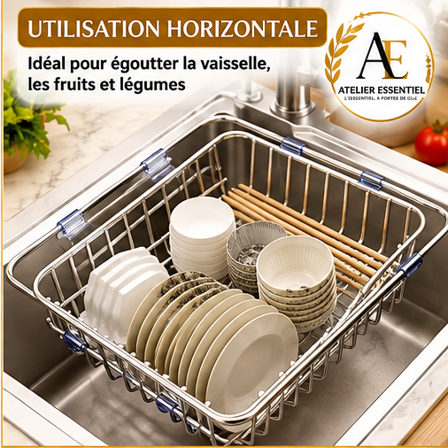 Égouttoir télescopique en acier inoxydable pour évier, support de rangement de cuisine pour ustensiles et vaisselle